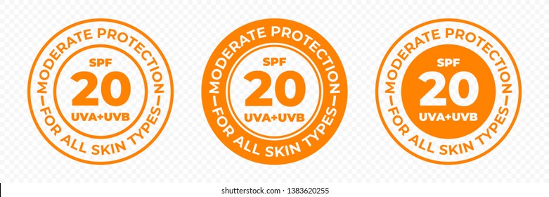 SPF 20 sun protection, UVA and UVB vector icons. SPF 20 moderate medium UV protection skin lotion and cream package label