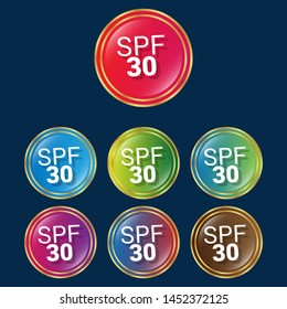 SPF 30 - glossy labels or tags. circle sticker with gradient color.trendy color. modern design.set 