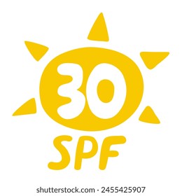 SPF 30. Sonnenschutz. Handgezeichnetes Abzeichen. Vektorillustration auf weißem Hintergrund.