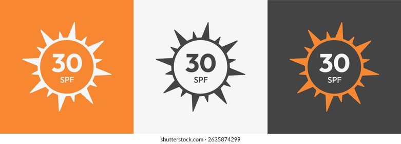 Protección solar SPF 30. Iconos resistentes del bloqueador solar. Ilustración vectorial