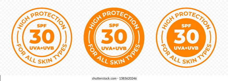 SPF 30 sun protection, UVA and UVB vector icons. SPF 30 high UV protection skin lotion and cream package label