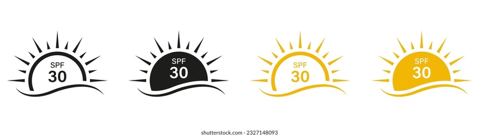 SPF 30 Sunblock Lotion Labels. Block Solar Radiation, Anti Ultraviolet Rays Symbol Collection. Sunscreen Protect Icons. UV Skin Protection Cream Pictogram Set. Isolated Vector Illustration.