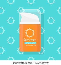 Spf 30 sunscreen cream icon. High level protective sunblock lotion uva uvb filters. Bright orange pump package cosmetics kit. Skin care. Dermatology approved summer spf cream flat vector illustration.