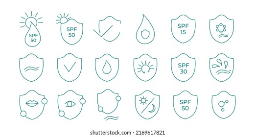 SPF 50, 30, 15 sun protection icon set. Vector stock illustration isolated on white background for packaging design sunscreen face cream, body lotion, hair shampoo. EPS10