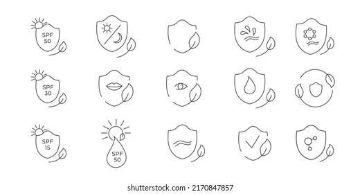 SPF 50, 30, 15 sun protection icon set. Vector stock illustration isolated on white background for packaging design sunscreen face cream, body lotion, hair shampoo. EPS10