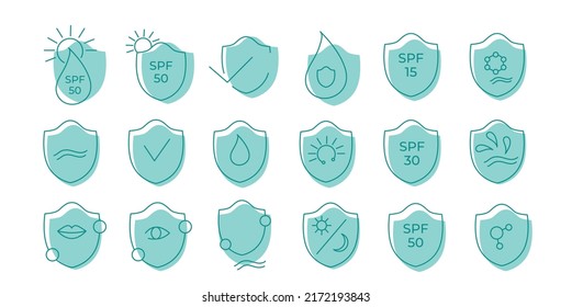 SPF 50, 30, 15 sun protection icon set. Vector stock illustration isolated on white background for packaging design sunscreen face cream, body lotion, hair shampoo. EPS10