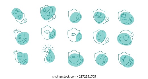 SPF 50, 30, 15 sun protection icon set. Vector stock illustration isolated on white background for packaging design sunscreen face cream, body lotion, hair shampoo. EPS10