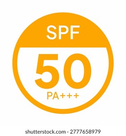 SPF 50 icon indicating UV protection levels for skincare labeling orange and white vector graphic
