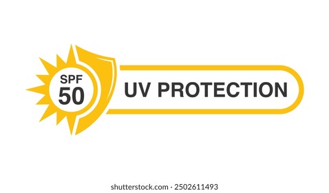 SPF 50 icon logo vector design UV protection with sun icon, shield symbol, in yellow color in white background. SPF icons for sunscreen skin cosmetics packaging