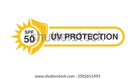 SPF 50 icon logo vector design UV protection with sun icon, shield symbol, in yellow color in white background. SPF icons for sunscreen skin cosmetics packaging