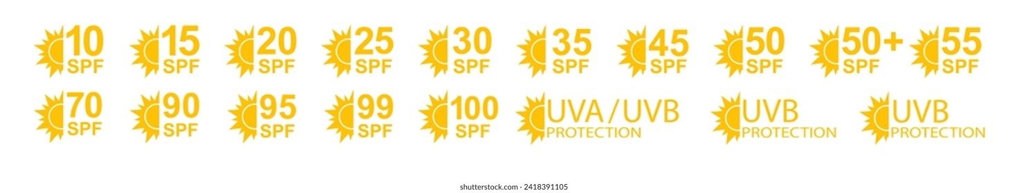 SPF 50 icon. Sun protection for skin. UVA UVB sunscreen protection. SPF icon for or skin cosmetics packaging. Vector