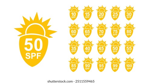 Ícone do SPF 50. Proteção solar para a pele. Proteção solar UVA UVB. Ícone SPF para a embalagem de cosméticos de pele ou. Vetor