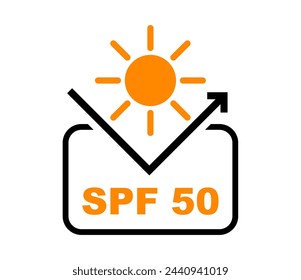 Icono SPF 50. Protección UV. Protección solar para la piel. Protección UVA UVB. Icono SPF para el embalaje de protectores solares o cosméticos de la piel. Ilustración vectorial.