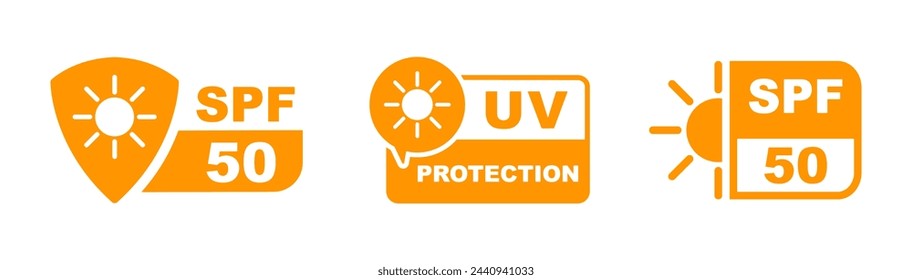 SPF 50-Symbol. UV-Schutz. Sonnenschutz für die Haut. UVA-UVB-Schutz. SPF-Symbol für Sonnenschutz- oder Hautkosmetikverpackungen. In: Vector Illustration.