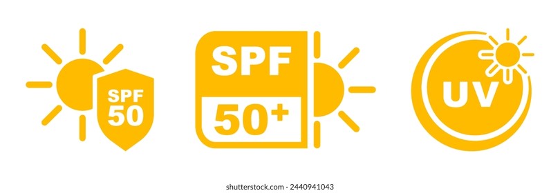 Icono SPF 50. Protección UV. Protección solar para la piel. Protección UVA UVB. Icono SPF para el embalaje de protectores solares o cosméticos de la piel. Ilustración vectorial.