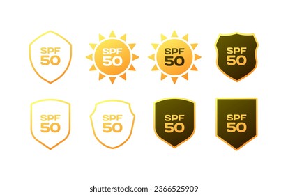 SPF 50 icons. Different styles, yellow, SPF 50 badges, sun protection sticker, SPF 50. Vector icon