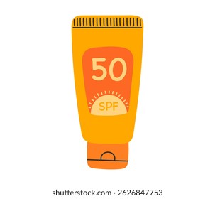 SPF 50 lotion. Sunscreen cosmetic product. SPF protection and sun safety concept.  Hand drawn vector illustration isolated on white background