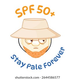 SPF 50 plus cartoon man with hat, pale skin, ginger beard, sun protection, funny sunscreen slogan illustration
