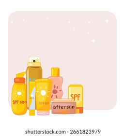 SPF 50 sun care and after sun cosmetic set, bottles, sticks, cream, yellow packaging, summer skin protection