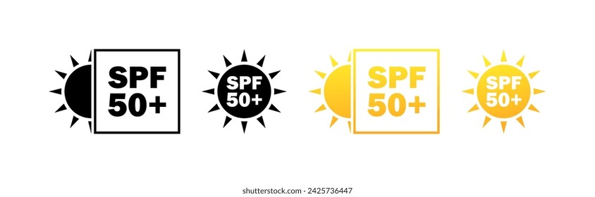 SPF 50+ sun icons. Sun protection. Silhouette and flat style. Vector icons