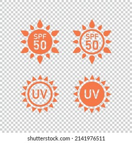 SPF 50 sun protection icons for sunscreen packaging. UVA UVB control for skin. Vector