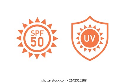 SPF 50 sun protection icons for sunscreen packaging. UVA UVB control for skin. Vector