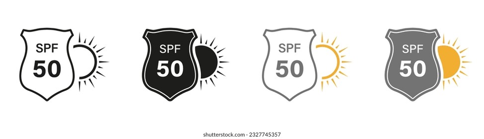 SPF 50 Sunblock Line and Silhouette Icon Set. Shield Sun Block Ultraviolet Rays Symbol Collection. Summer Skincare Cream, Solar Safety Label. Skin Protection Pictogram. Isolated Vector Illustration.