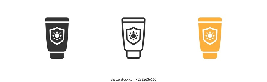 Icono de crema de protección solar Spf 50+ aislado en fondo blanco. Símbolo de protección solar. Protección contra UV de la piel, protector solar, verano, escudo, loción, bronceado. Diseño plano para interfaz de usuario web. Ilustración vectorial.