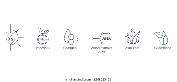 spf 50, vitamina c, colágeno, alfa hidroxi ácido, aloe vera, glutathione icono ilustración vectorial 