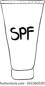 SPF bottle illustration. Vector graphic line ink sunscreen lotion tube. Icon for summer skincare, UV protection, beach vacations, travel to tropical resorts, isolated colored clipart
