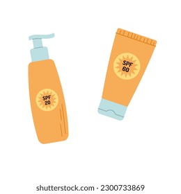 SPF bottle and tube set. Sunscreen protection and sun safety. Sunscreen cream, lotion, spray collection.