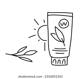 Spf Cream for face and body treatment. Sun screen. Doodle illustration. morning routine for skin. Skin cancer protection.