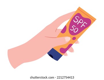 SPF cream in hand. Sticker for social networks and messengers. Template, mock up and layout. Skin care and SPA procedures. Protection and prevention concept. Cartoon flat vector illustration