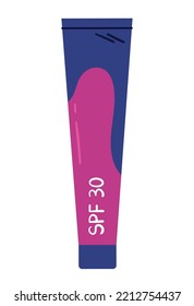 SPF-Creme-Symbol. Violette Verpackung mit abstraktem blauem Muster. Schützen Sie die Haut vor direktem Sonnenlicht. Werbeplakat oder Banner für die Website. Vorlage, Muster und Layout. Cartoon-Flavektor-Vektorgrafik