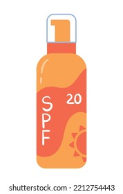 SPF cream icon. Spray in bright yellow orange bottle. Preparation for comfortable stay on beach in hot weather and summer season. Advertising poster or banner. Cartoon flat vector illustration