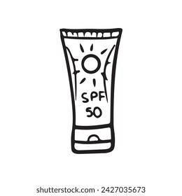 SPF cream protecting from sun burns in tube with sun in black isolated on white background. Beauty routine, skin care, healthy prevention. Hand drawn vector sketch doodle illustration in vintage