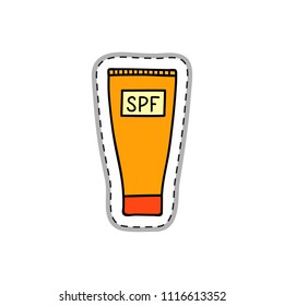 Spf cream tube sticker or patch in doodle style isolated on white background.