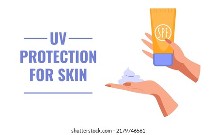 SPF gel banner. Poster with hands holding sunscreen lotion. Concept of UV protection for skin, health care, protection sunburn, skin cancer prevention. Vector illustration in flat style.