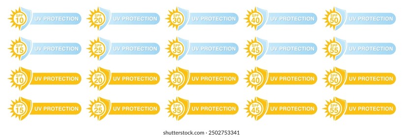 SPF icon big set. UV protection icons logo sunscreen packaging elements vector design illustration isolated