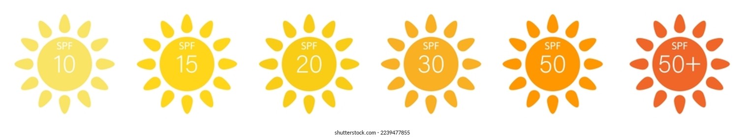 SPF icon set. SPF sun protection labels or stickers. Vector illustration isolated on white background