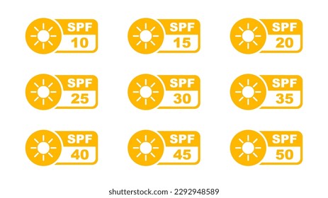 SPF icon set. UV protection. Sun protect for skin. UVA UVB protection. SPF icon for sunscreen or skin cosmetics packaging. Vector Illustration.