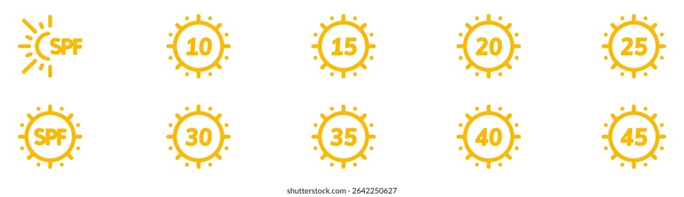 SPF icon set. UV protection. Sun protect for skin. protection. SPF icon for sunscreen or skin cosmetics packaging. Vector Illustration.