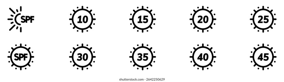 SPF icon set. UV protection. Sun protect for skin. protection. SPF icon for sunscreen or skin cosmetics packaging. Vector Illustration.