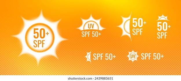 SPF icon for sun protection cosmetics. Vector illustration of sticker for sunscreen and sunblock - element for design
