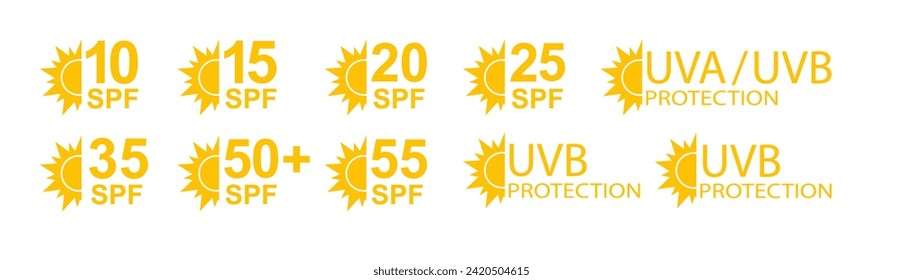 SPF icon. Sun protection for skin. UVA UVB sunscreen protection. SPF icon for or skin cosmetics packaging. Vector