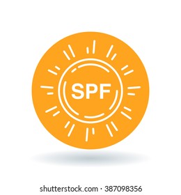 SPF icon. SPF sun screen symbol. UV ultra violet rays sun protection factor sign. White icon on orange circle background. Vector illustration.