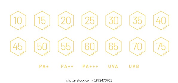 SPF icons vector set isolated on white background. Modern labels design for sunscreen, sunblock or other cosmetic products