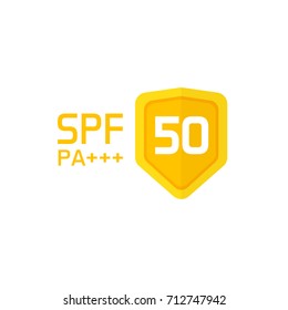 Spf label vector icon isolated on white, sun protection factor 50 symbol or sticker with text and shield