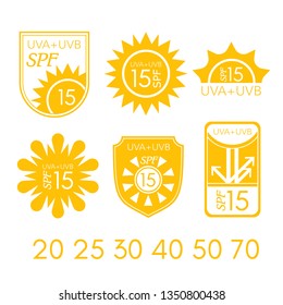 Spf labels collection. Ultraviolet protection vector emblems.