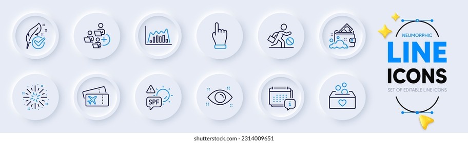 Spf protection, Hypoallergenic tested and Calendar line icons for web app. Pack of Donation, Click hand, Infographic graph pictogram icons. Add team, Launder money, Boarding pass signs. Vector